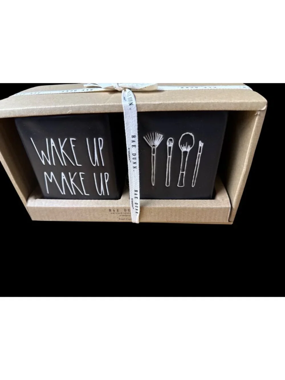 Rae Dunn Wake Up Makeup Ceramic Brush Cup Set Black White New In Box